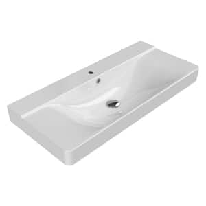Mona Modern White Ceramic Rectangular Wall Mounted Sink with Single Faucet Hole