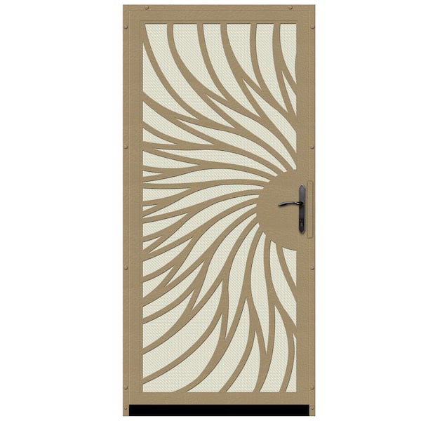 Unique Home Designs 36 in. x 80 in. Solstice Tan Surface Mount Steel Security Door with Almond Perforated Screen and Bronze Hardware