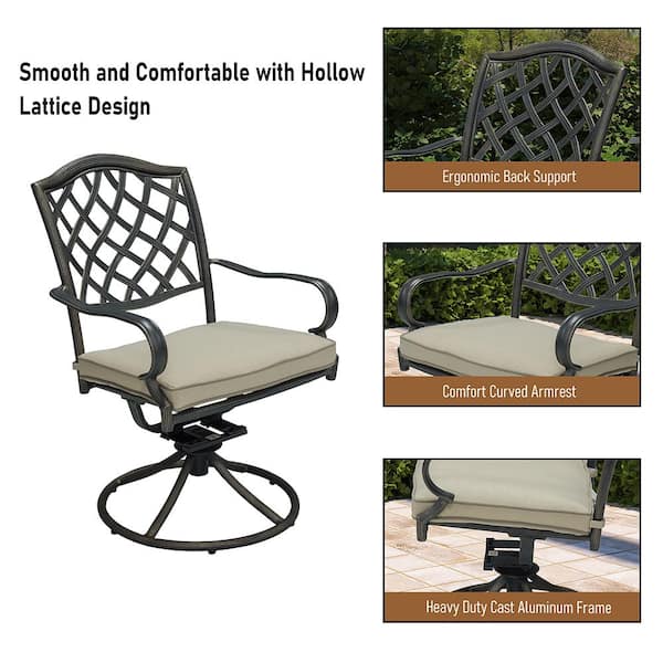 Bronze Cast Aluminum Frame Smooth Arms and Ergonomic Back Outdoor Dining Chair with Fabric Beige Cushion 4-Pack