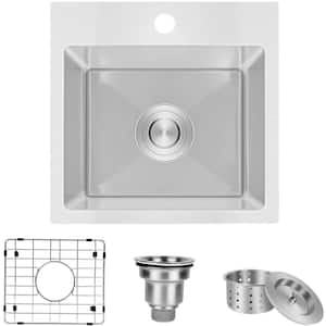 15 in. Drop-In/Undermount Single Bowl 20 Gauge Silver Stainless Steel Kitchen Sink with Bottom Grids
