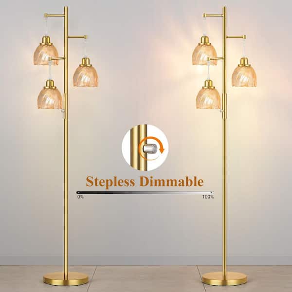 ROTTOGOON 66 in. Gold Mid Century 3-Light Dimmable Tree Floor Lamp