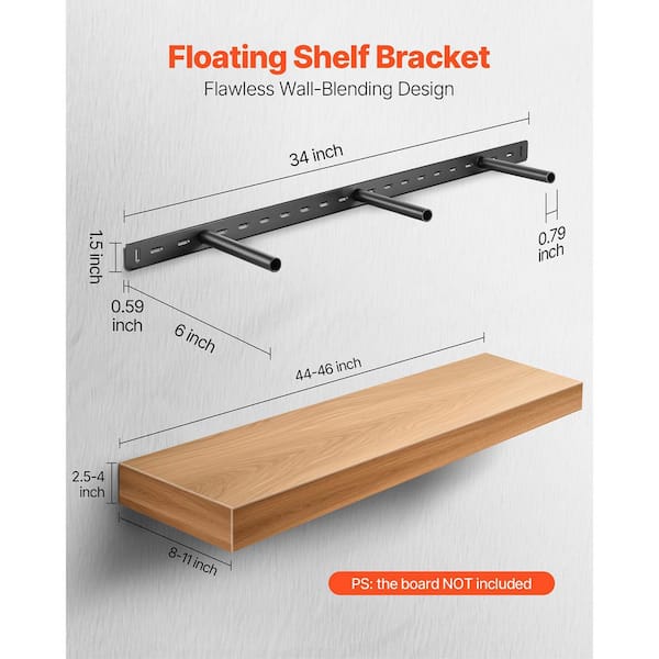Floating Shelf Bracket 1 Pack, 190 lbs. Capacity, 34 x 6.2 x 1.5 in. Heavy Duty Hidden Wall Mount Support Bracket Black
