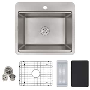 Avenue Stainless Steel 18 Gauge 25 in. 1-Hole Single Bowl Dual Mount Workstation Kitchen Sink Kit