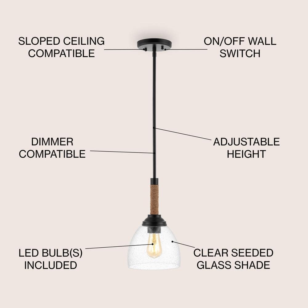 Alys 7.63" Modern Rustic Iron & Clear Glass LED Pendant - Black