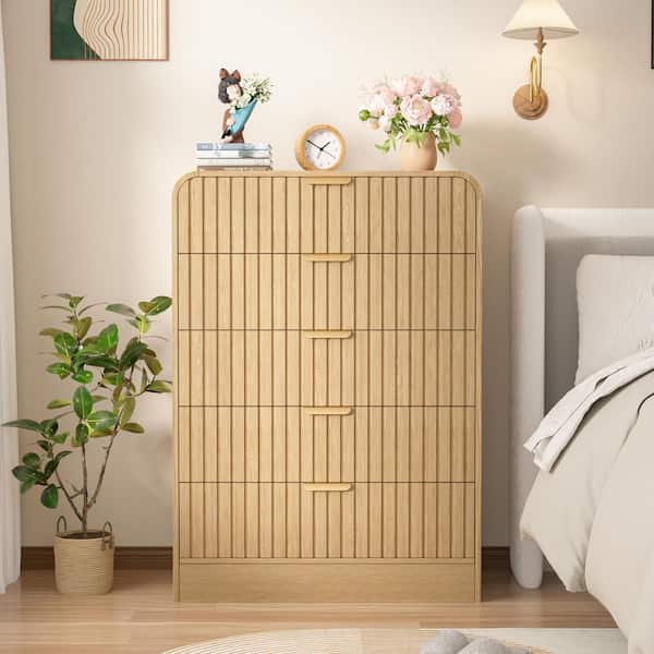 Wood Color 5-Drawer 31.5 in. W MDF Rounded Corner Dressers Chest of Drawers with Metal Handles