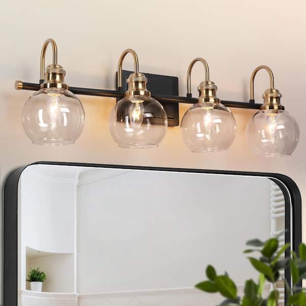 Zevni 28 in. 4-Light Black Bathroom Vanity Light, Modern Brass Gold Wall Sconce, DIY Farmhouse Powder Room Globe Bath Light