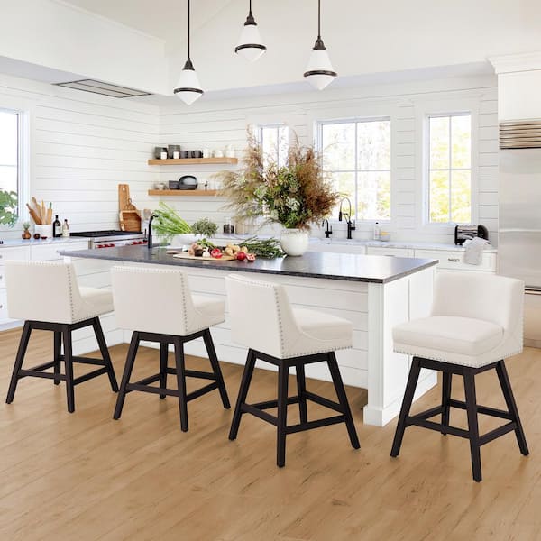 OrangeOne Zorro 27 in.Beige Fabric Upholstered Swivel Counter Stool Wood Frame Double Cushion Swivel Bar Stool Set of 4
