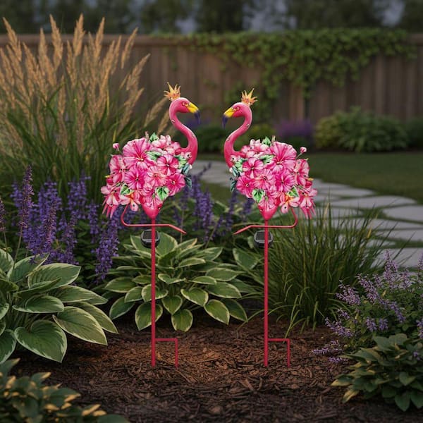 Unbrand 2-Pack 40.5 in Solar Pink Flamingo Garden Stakes - Metal