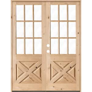 64 in. x 96 in. Knotty Alder 2-Panel Right-Hand/Inswing 1/2 Lite Clear Glass Unfinished Double Wood Prehung Front Door