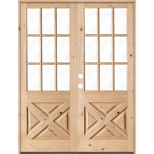 Krosswood Doors 72 in. x 96 in. Knotty Alder 2 Panel Right-Hand/Inswing 1/2 Lite Clear Glass Unfinished Double Wood Prehung Front Door