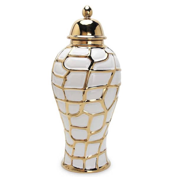 Unbranded 16 in. x 7 in. Regal White and Gold Ceramic Decorative Ginger Jar with Removable Lid for Home Decor