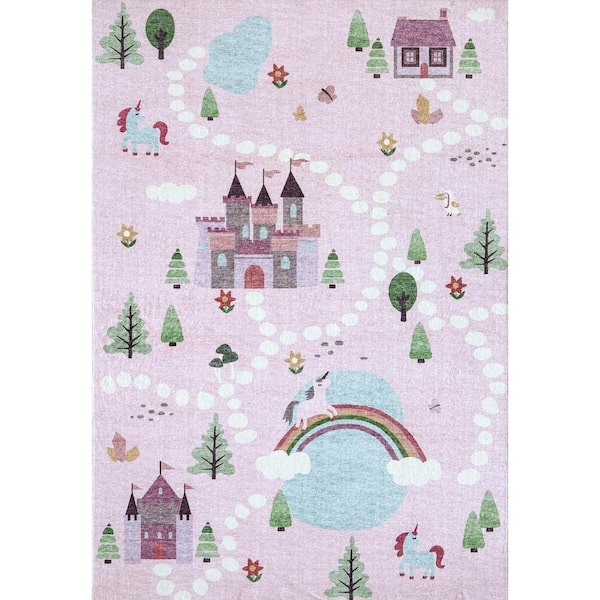 Soft Steps Playtime Pink White 4 ft. x 6 ft. Unicorns, Castle, Road Map, Area Rug