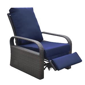 5.12 in. Wicker Outdoor Recliner Chair, Automatic Adjustable Wicker Lounge Recliner Chair with Blue Thicken Cushion