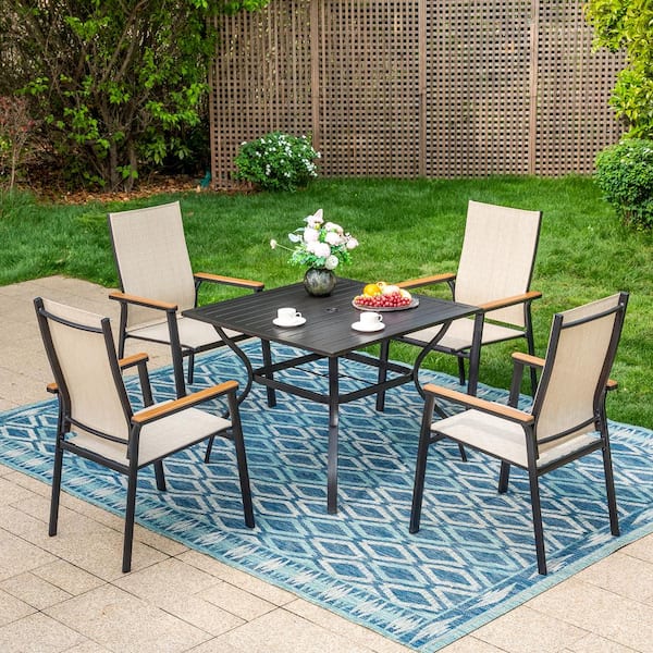 PHI VILLA Black 5-Piece Metal Outdoor Patio Dining Set with Slat Square Table and Stackable Aluminum Chairs