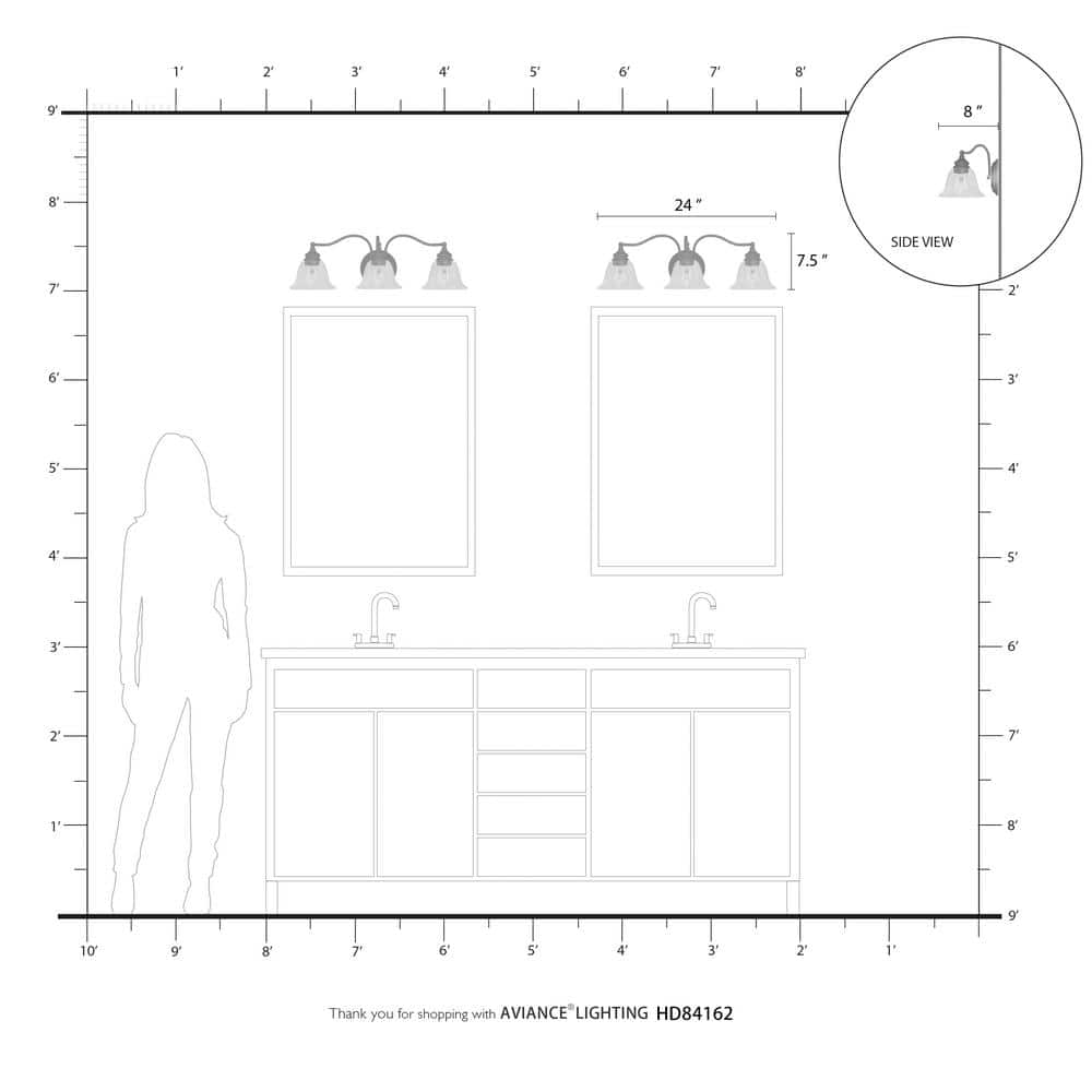 Moreland Transitional 3-Light Vanity Sconce in Black with Hand Blown Glass
