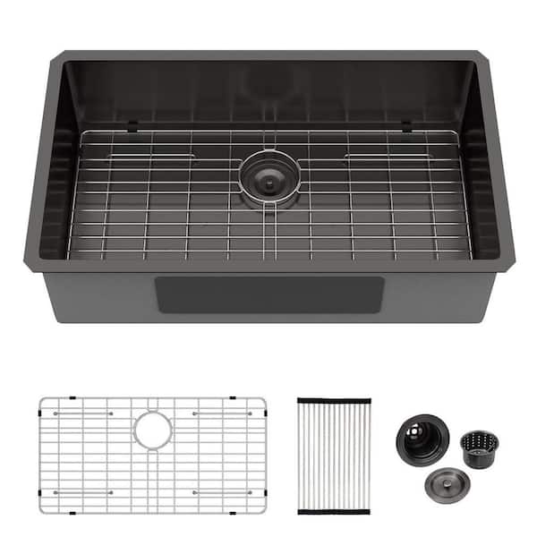 28 in. Gunmetal Black Undermount Sink Single Bowl 16-Gauge Stainless Steel Kitchen Sink with Bottom Grid