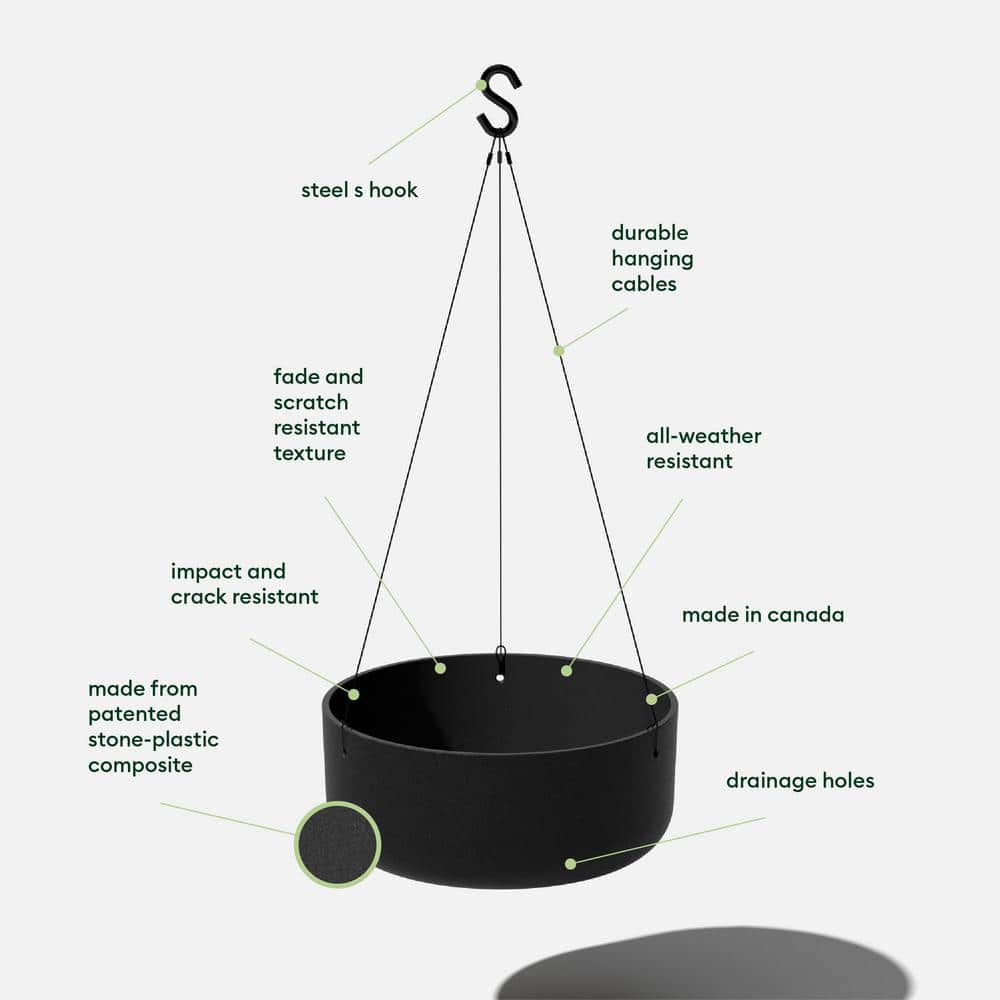 Black Plastic-Stone Composite Hanging Patio Planter Bowl