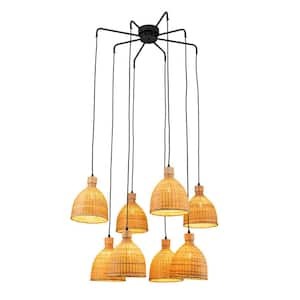 James 8-Light Cluster Pendant Light Rattan Dome Shade Staircase Chandelier in Matte Black