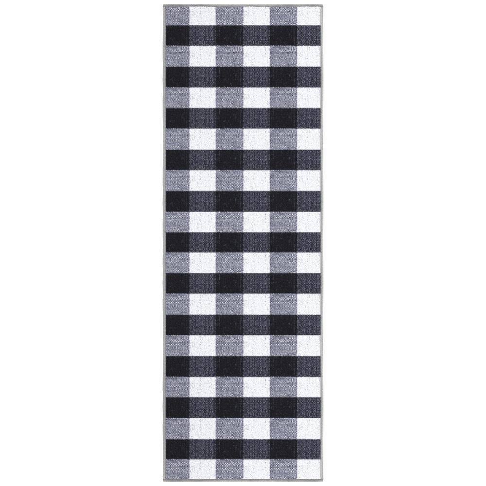 Black and White Checkered Synthetic Runner Rug, 20" x 59"