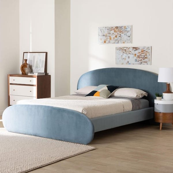 Ekram Light Blue Velvet Fabric and Wood Frame Queen Platform Bed