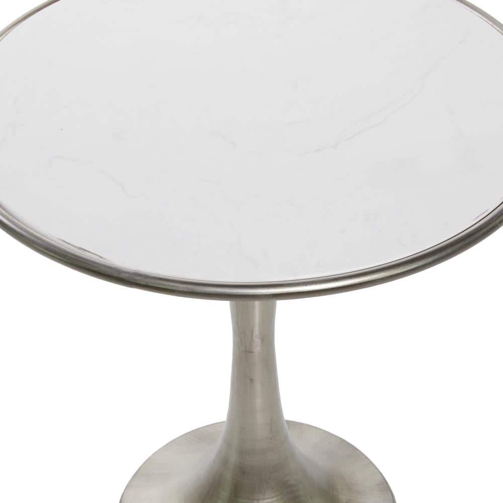 Sleek 30" Round Silver Metal and Marble Accent Table