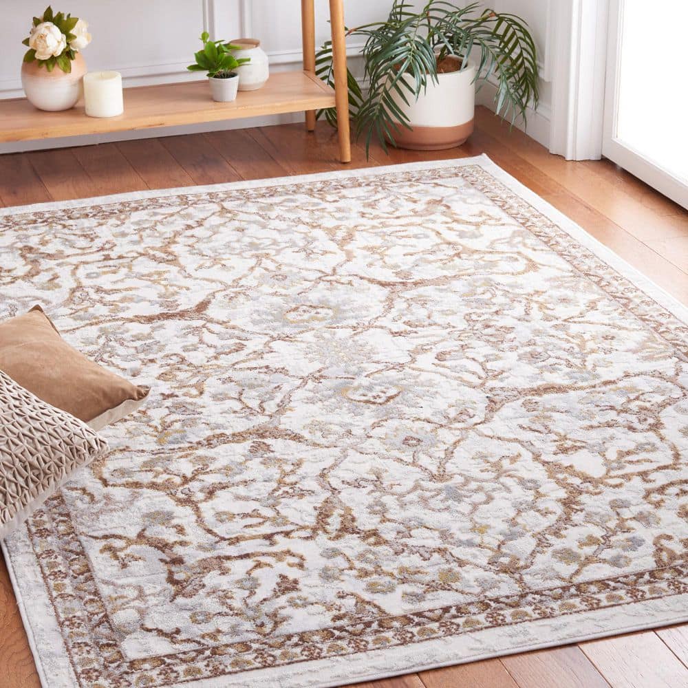 Light Blue and Beige Square Oriental Synthetic Rug