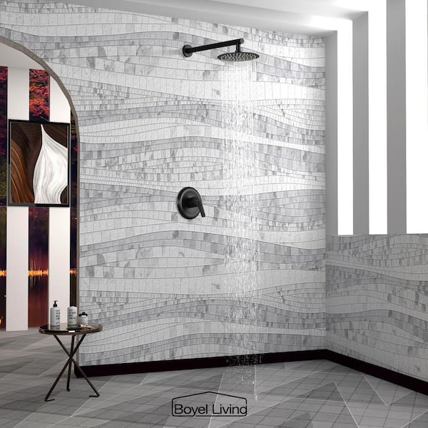 1-Spray Patterns with 2.1 GPM 8 in. Wall Mount Fixed Shower Head with Valve Included in Matte Black