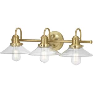 Roscrea 25 in. 3-Light Satin Brass Vanity Light with Clear Glass Shades