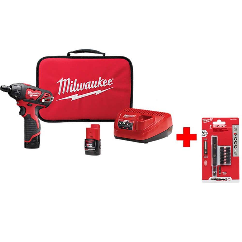 Milwaukee M12 12V Lithium-Ion Cordless 1/4 in. Hex Screwdriver Kit with Two 1.5Ah Batteries, Charger, Tool Bag and Bit Set -  2401-22-48-3