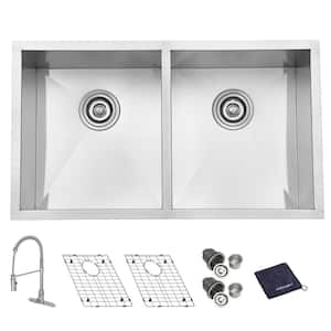 Handcrafted 16-Gauge Stainless Steel 31 in. Double Bowl Zero Radius Undermount Kitchen Sink with Faucet