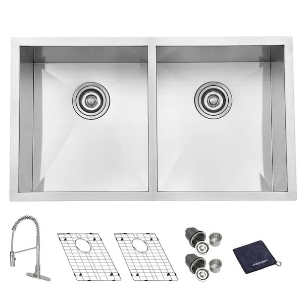 JASSFERRY Handcrafted 16-Gauge Stainless Steel 31 in. Double Bowl Zero Radius Undermount Kitchen Sink with Faucet