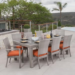 Cannes 9-Piece Wicker Outdoor Dining Set with Sunbrella Tikka Orange Cushions