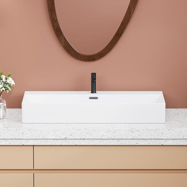 Turner Crisp White Vitreous China 40 in. x 16 in. Rectangular Wall-Mount Trough Vessel Sink w/ Faucet Hole and Overflow