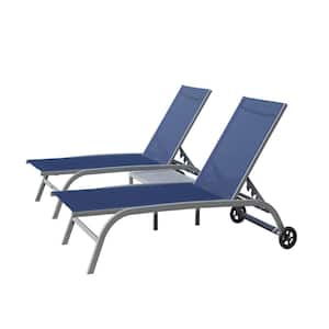 3-Piece Metal Outdoor Chaise Lounge, Pool Lounge Chairs with Side Table, Adjustable Recliner All Weather, Blue