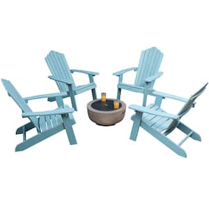 Lanier 5-Piece Lake Blue Recycled Plastic Patio Conversation Adirondack Chair Set with a Brown Wood-Burning Firepit
