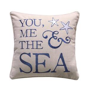 Blue Bay Natural, Navy and White "You, Me and The Sea" Embroidered 18 in. x 18 in. Throw Pillow
