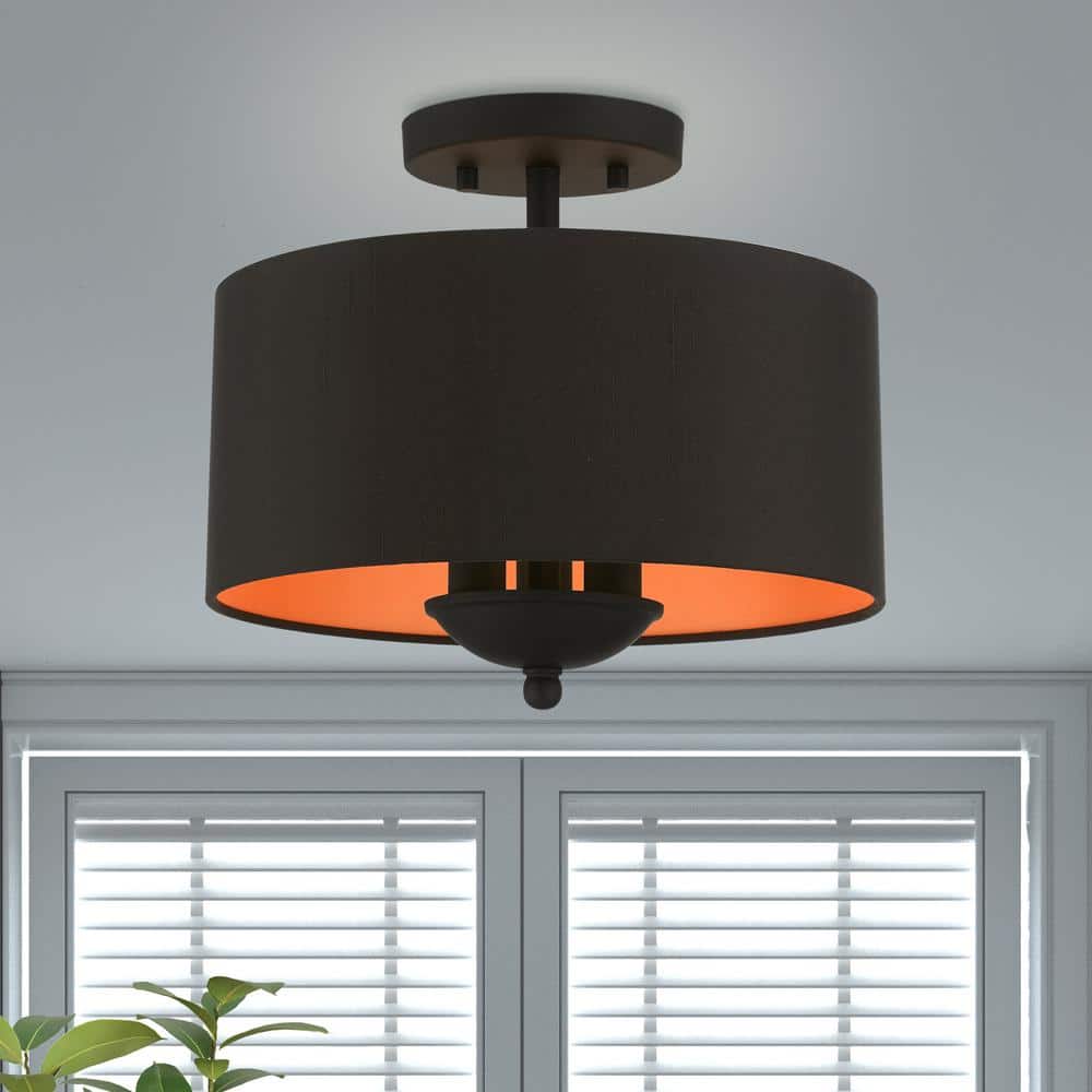 Bradley 12" Black Glass Drum Semi-Flush Mount with Silky Inner Shade