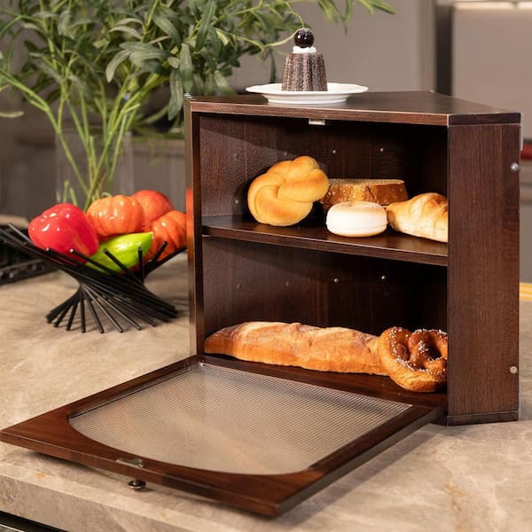 1 Piece Solid Pine Wood Corner Bread Box with Adjustable Shelf, Fluted Window and Magnetic Lock