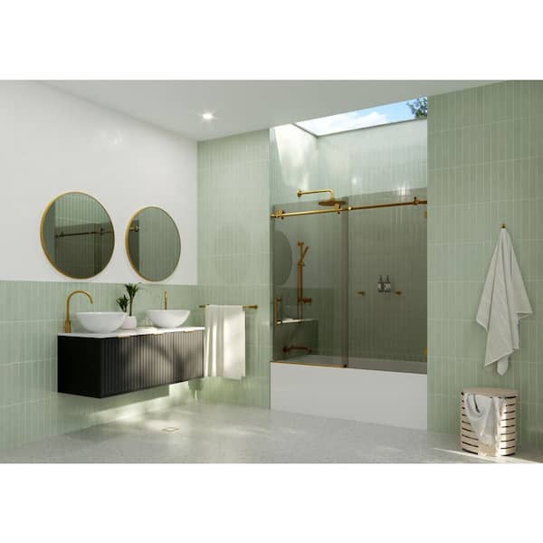 Glass Warehouse Equinox 56 in. - 60 in. W x 60 in. H Frameless Tinted Sliding Bathtub Door in Satin Brass with Clear Glass