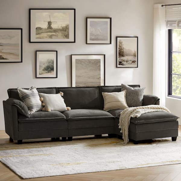 JAYDEN CREATION Noemi Pillow Arm 108 in. 4-piece Polyester Sectional Sofa in. Dark Gray