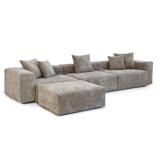 141.73 in. W Square Arm Corduroy Velvet L-Shaped Free Combination Sofa with Ottoman in. Brown