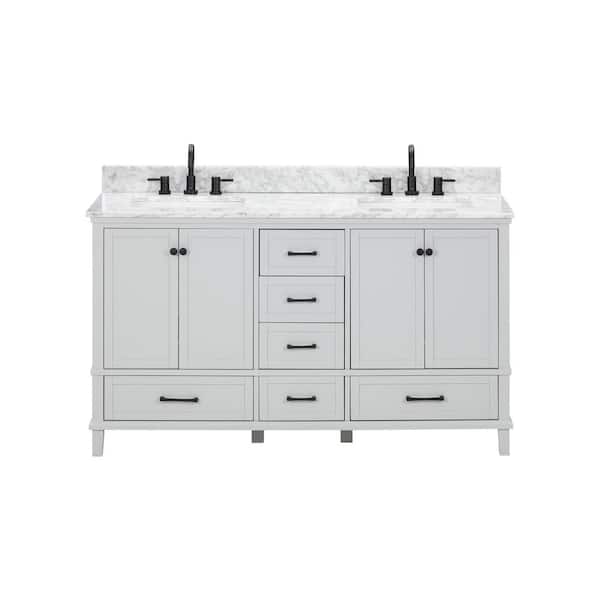 Merryfield 61 in. Double Sink Dove Grey Bath Vanity with White Carrara Marble Top (Assembled)