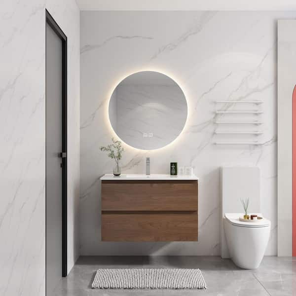 Boosicavelly 36 in. W x 18 in. D x 21 in. H Single Sink Wall-Mounted Bath Vanity in Brown Oak with White Ceramic Top