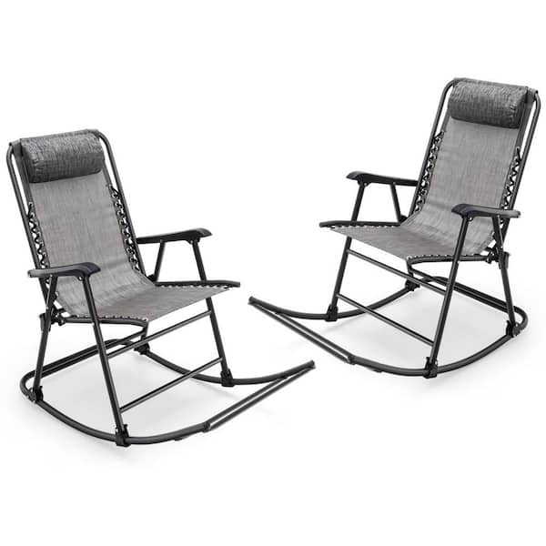 Costway Set of 2 Metal Camping Outdoor Rocking Chair Folding Rocker Footrest Lightweight Outdoor Grey