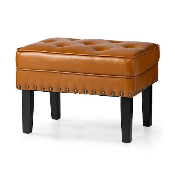 Mid-century Modern Cognac Leatherette Button-tufted Accent Stool