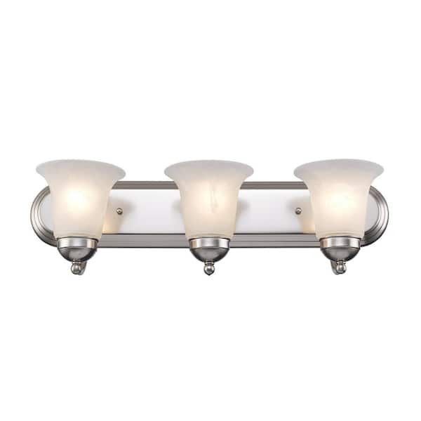 Bel Air Lighting Cabernet Collection 24 in. 3-Light Brushed Nickel Bathroom Vanity Light Fixture with White Marbleized Glass Shades