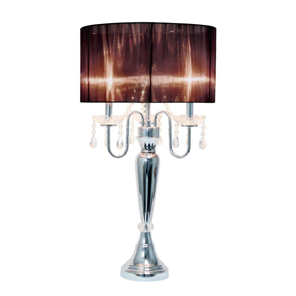 Elegant Black Sheer Shade Table Lamp with Chrome Finish and Hanging Crystals