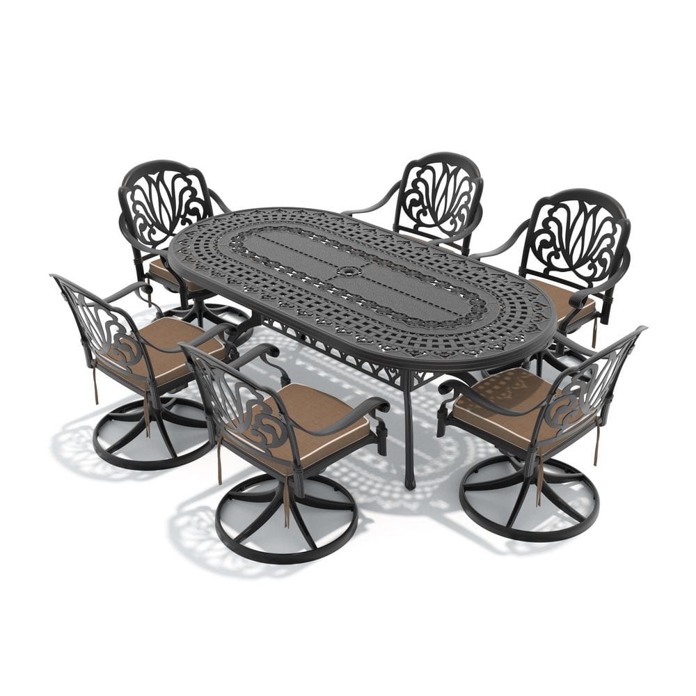 Black 7-Piece Cast Aluminum Outdoor Dining Set with 6 Swivel Rockers with Brown Cushion and 81.89 x 41.34 in. Oval Table price history on PriceWatchPro
