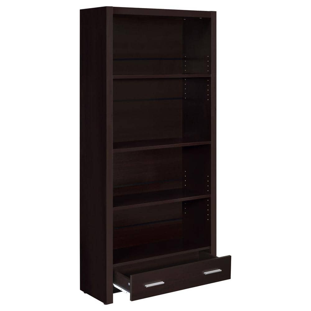 Transitional Skylar 70.75" Cappuccino Wood Bookcase with Storage Drawer