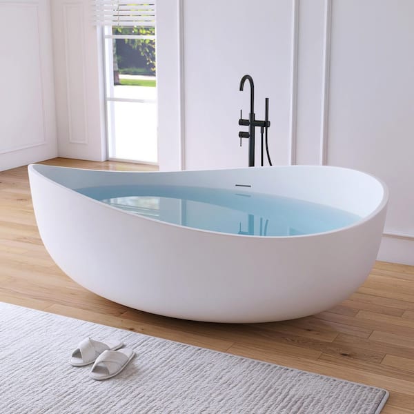 71 in. x 43 in. Wave Stone Resin Solid Surface Flatbottom Freestanding Soaking Bathtub in White